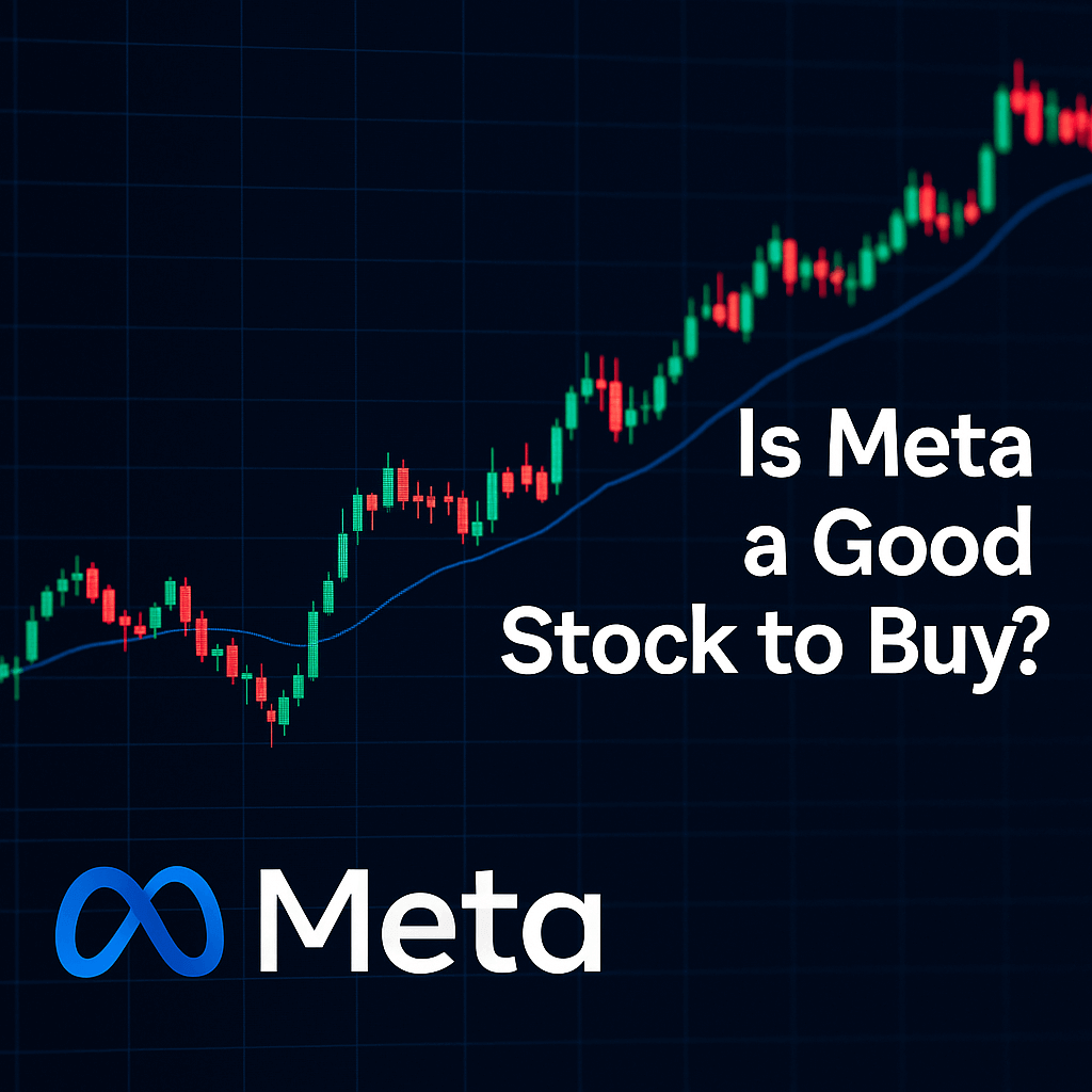 Financial chart with upward candlesticks and Meta logo below the question “Is Meta a good stock to buy?”