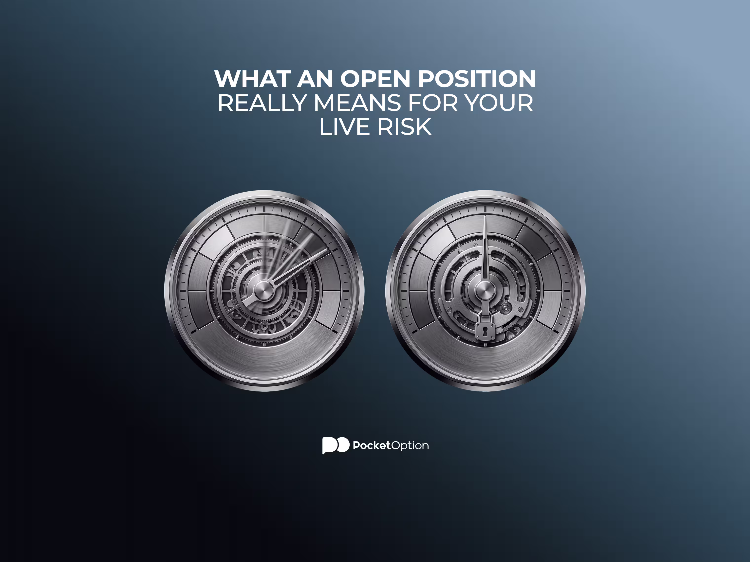 Side-by-side comparison showing an open position with a fluctuating profit/loss meter still exposed to the market, versus a closed position with a fixed, locked-in result