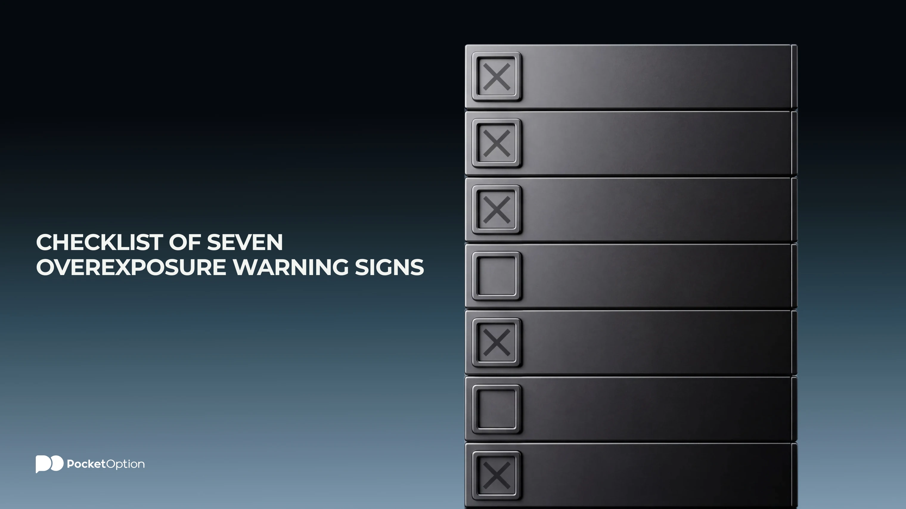 Checklist of seven overexposure warning signs, including difficulty sleeping, obsessive price checking, and a stop-loss too wide to be effective
