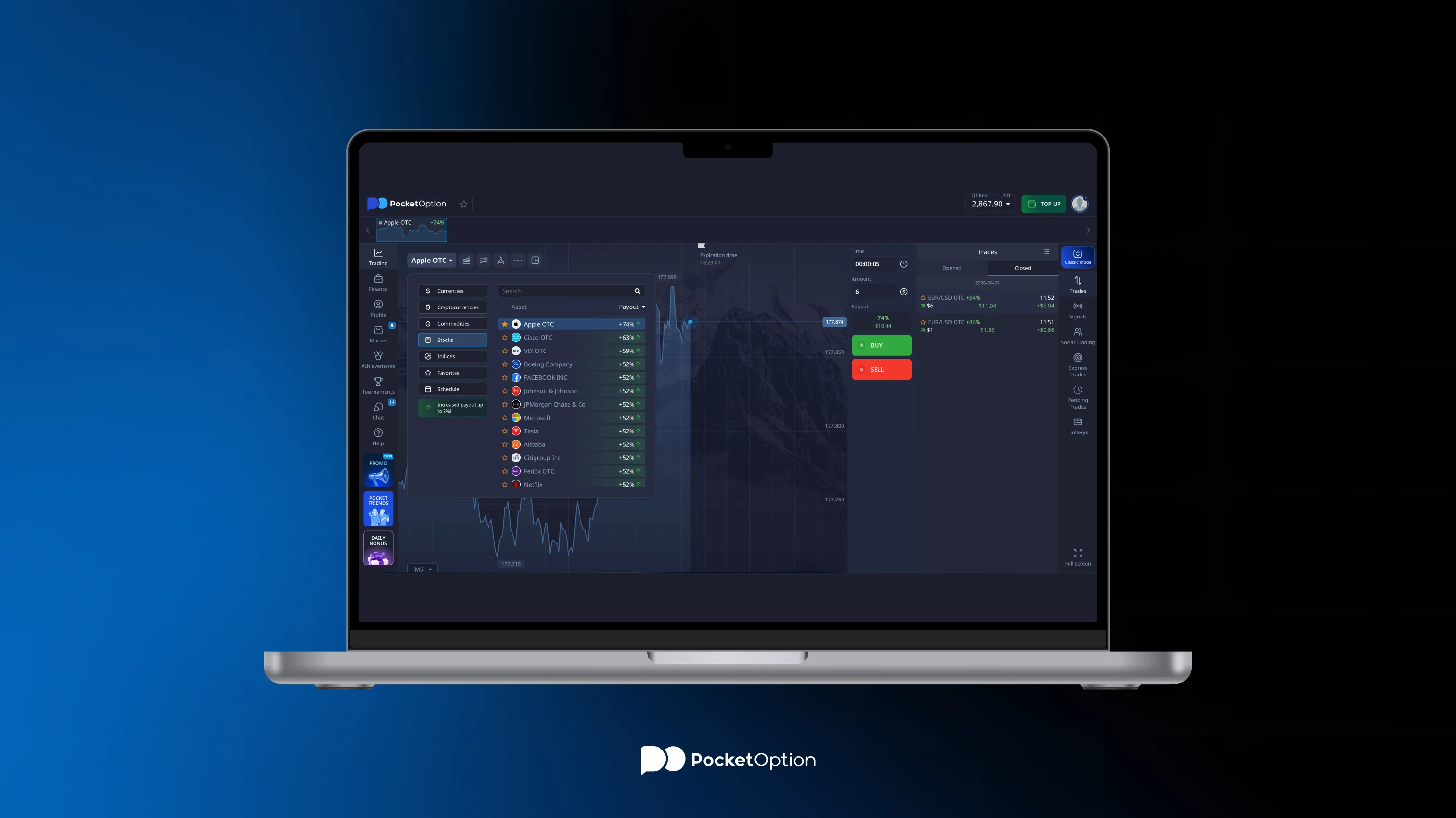 Trading Apple stock at Pocket Option