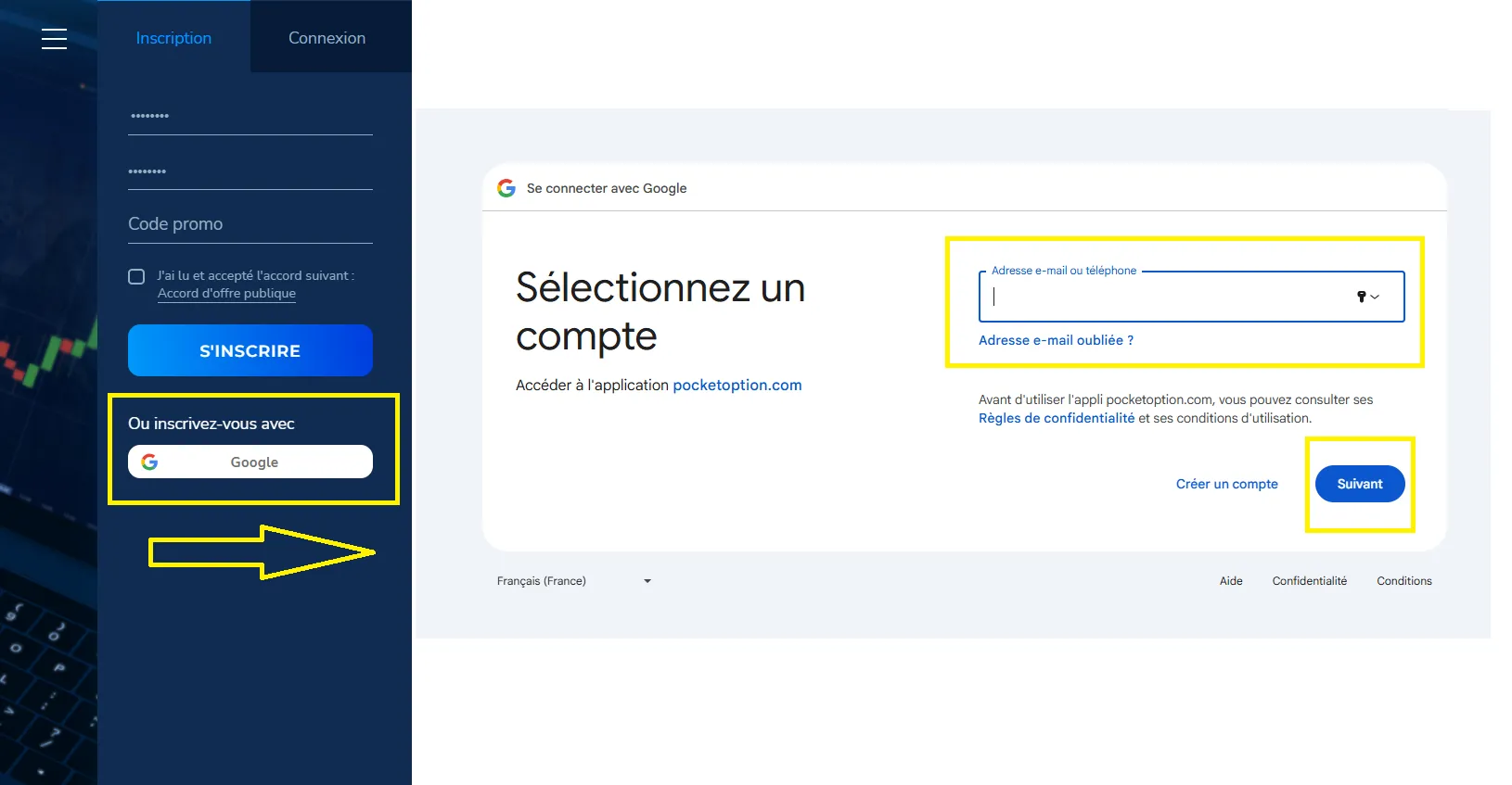 registration pocket option gmail