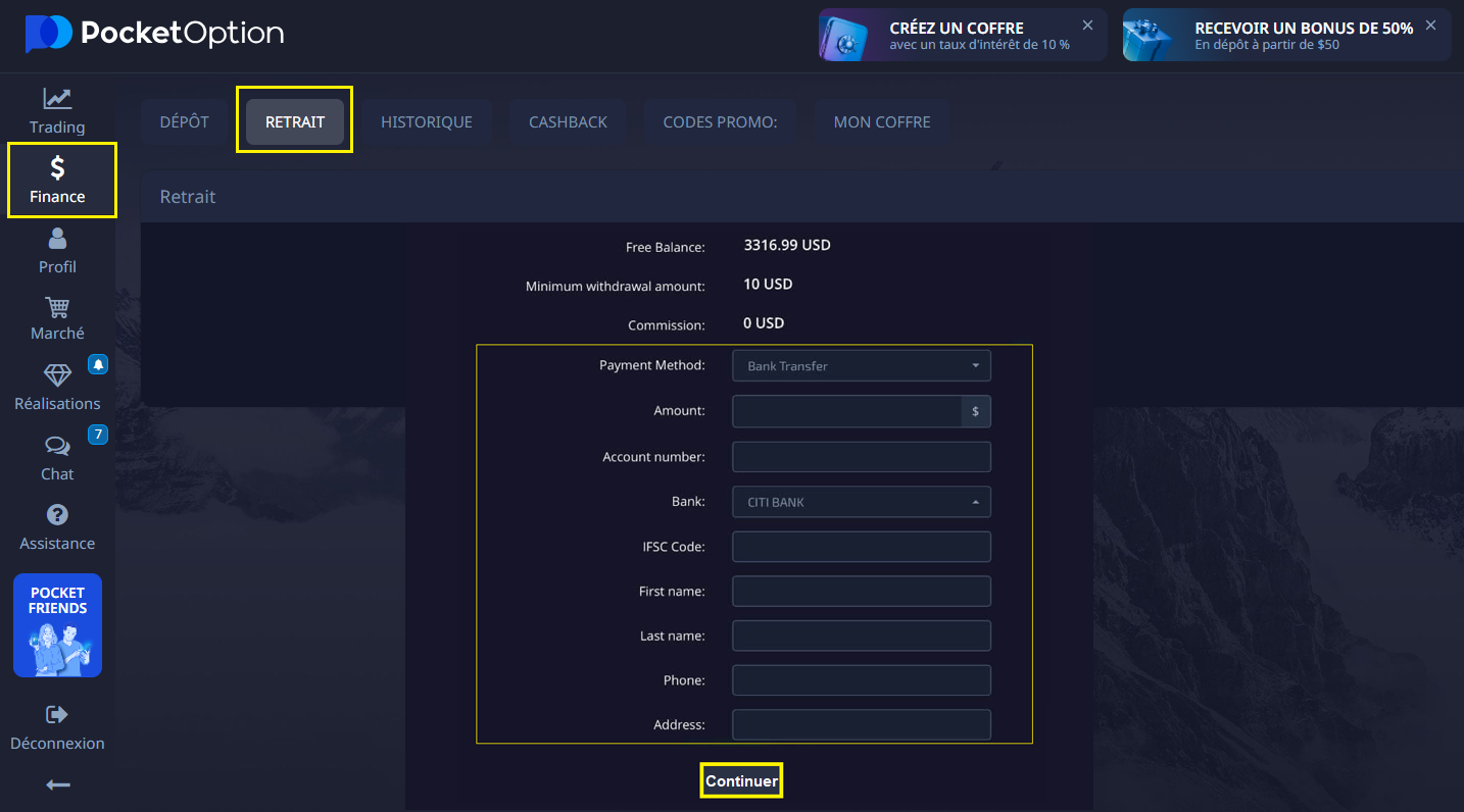withdraw pocket Option France